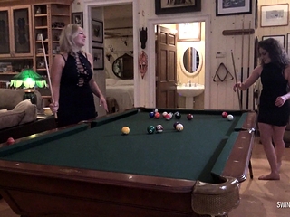 Inexperienced wives eating and draining on the pool table